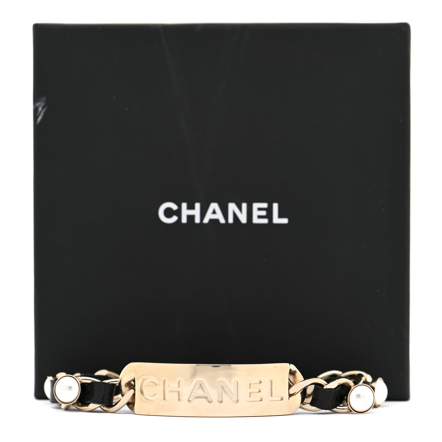 Metal Lambskin Pearl Name Plate Bracelet Black Gold