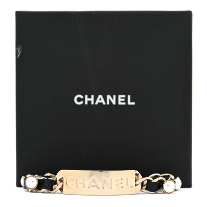 Chanel Metal Lambskin Pearl Name Plate Bracelet Black Gold 5 of 5