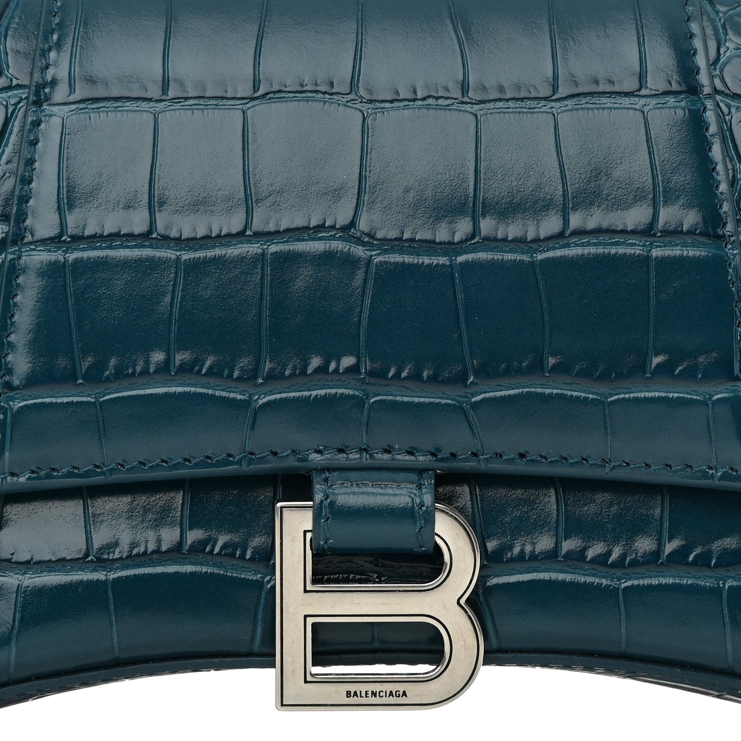 Shiny Calfskin Crocodile Embossed Small Hourglass Top Handle Bag Dark Petrol Blue