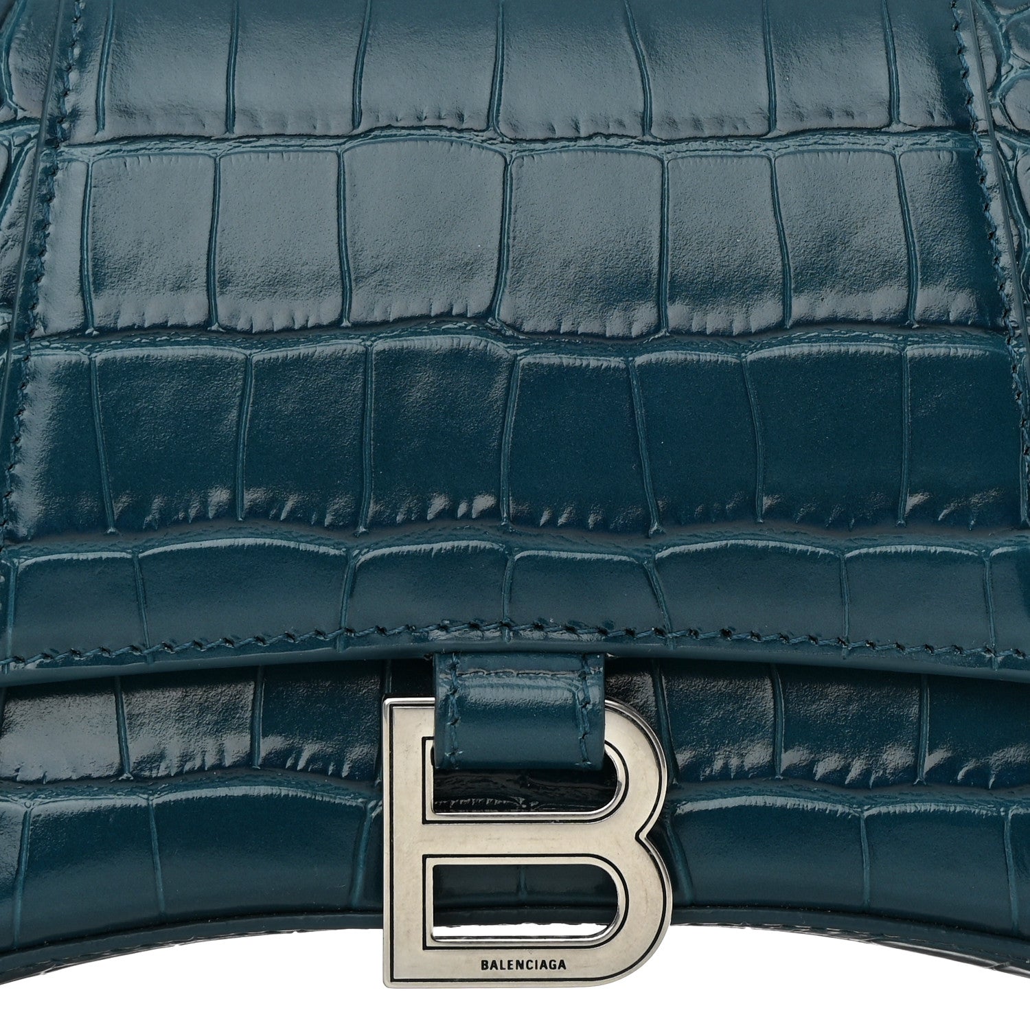 Balenciaga Shiny Calfskin Crocodile Embossed Small Hourglass Top Handle Bag Dark Petrol Blue 8 of 12