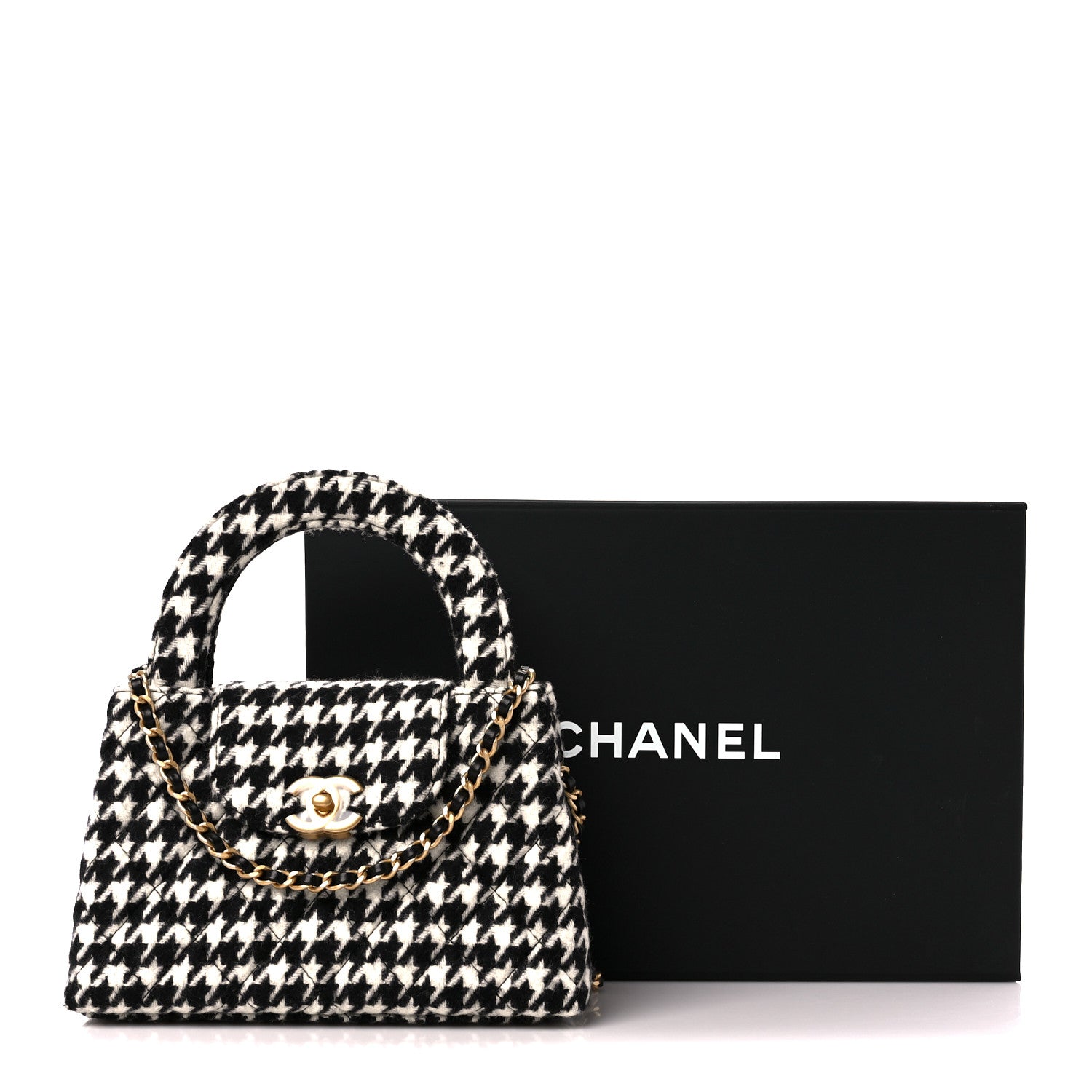 Chanel Tweed Houndstooth Quilted Nano Kelly Shopper Black White 11 of 11