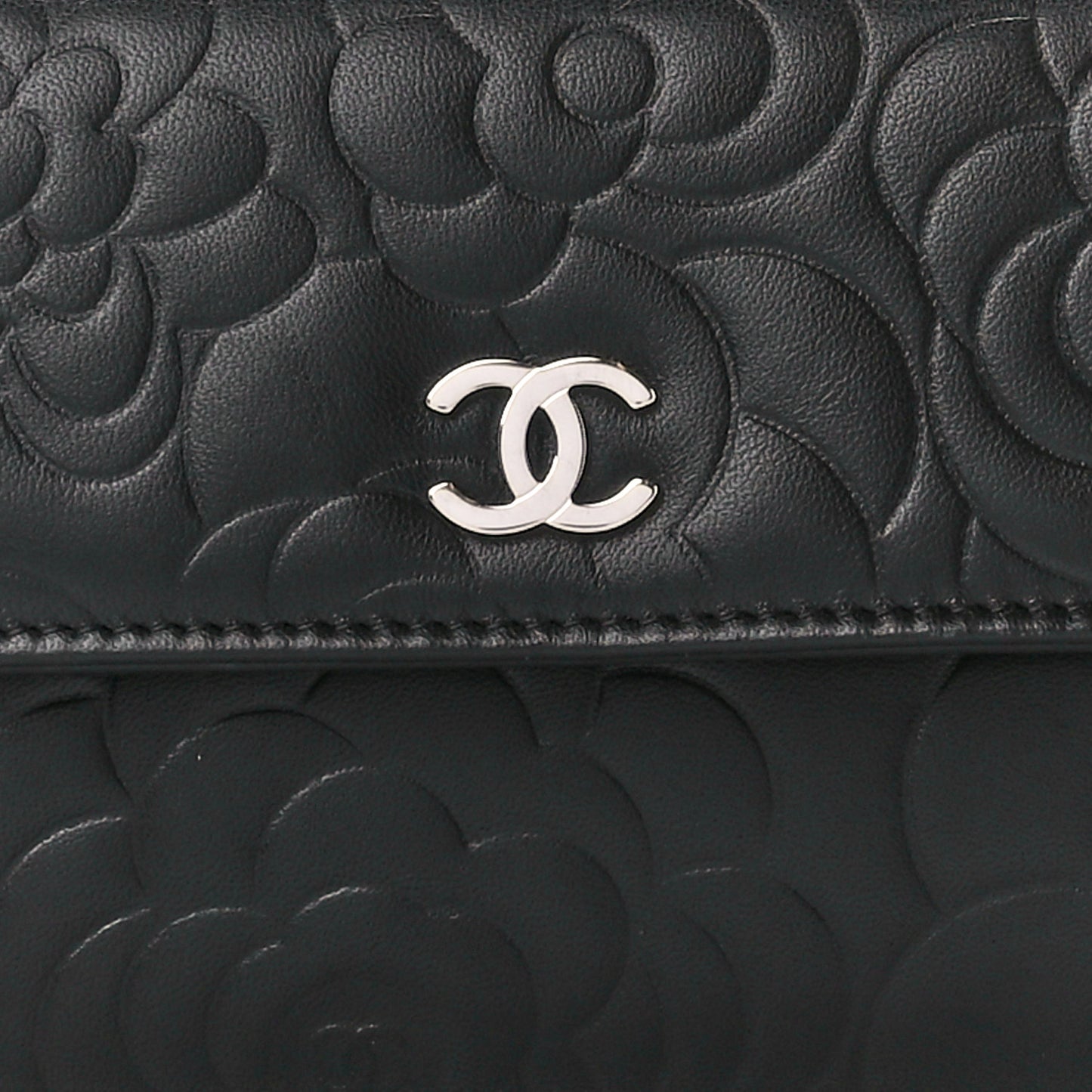 Lambskin Camellia Embossed Large Flap Wallet Black