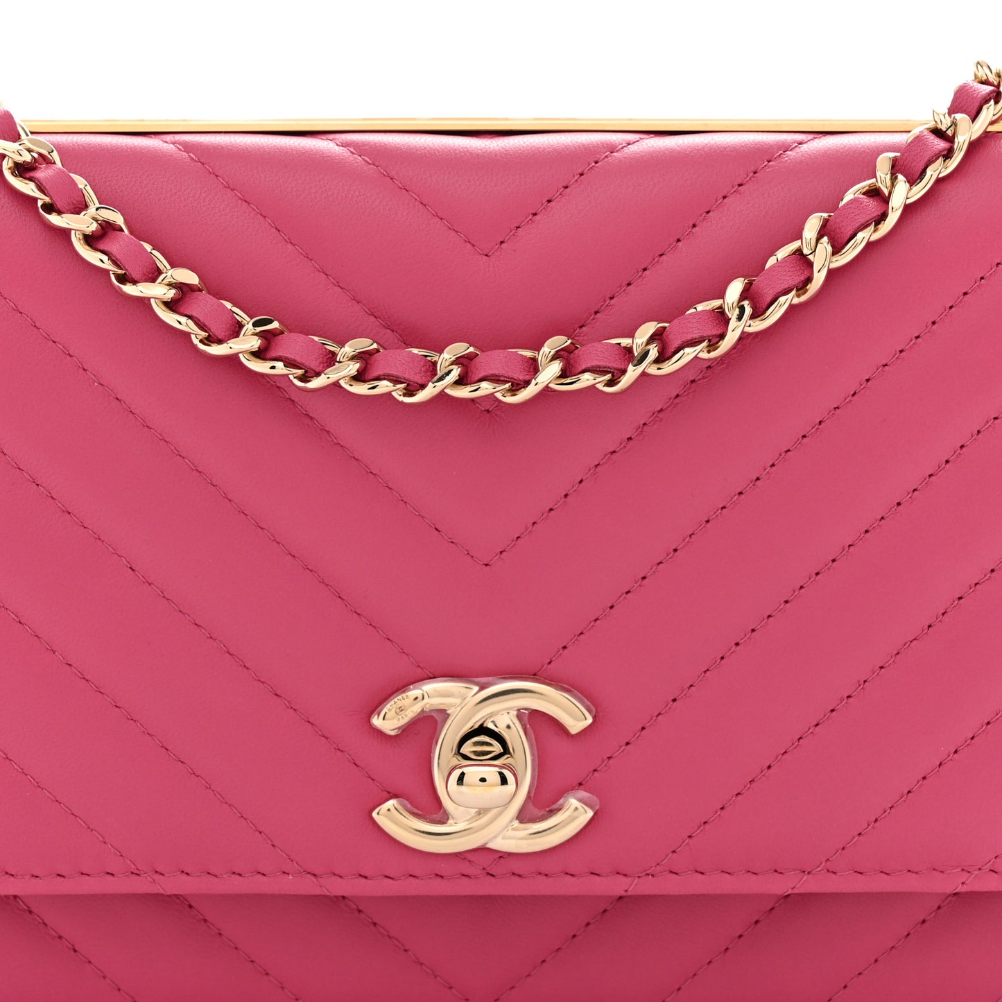 Lambskin Chevron Quilted Trendy CC Wallet On Chain WOC Pink