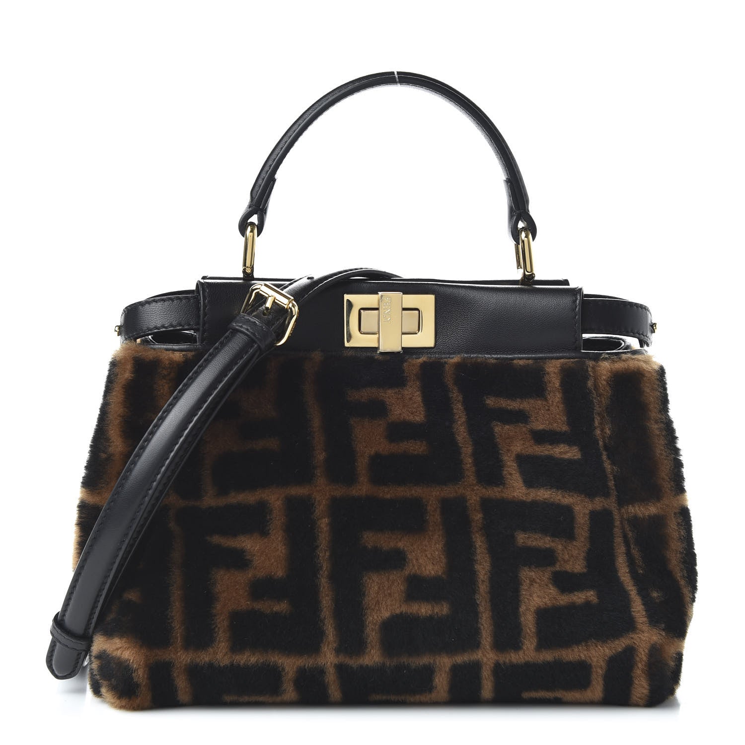 Fendi Shearling Nappa Macro FF 1974 Mini Peekaboo Iconic Satchel Tobacco Black 1 of 9