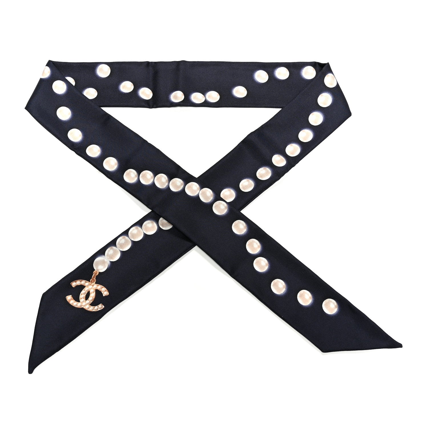 Chanel Silk Pearl CC Slim Bandeau Scarf Navy 1 of 4