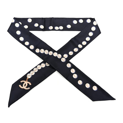 Chanel Silk Pearl CC Slim Bandeau Scarf Navy 1 of 4