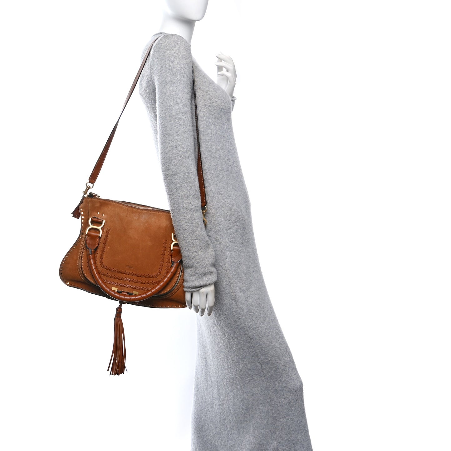 Suede Calfskin Braided Medium Marcie Satchel Caramel