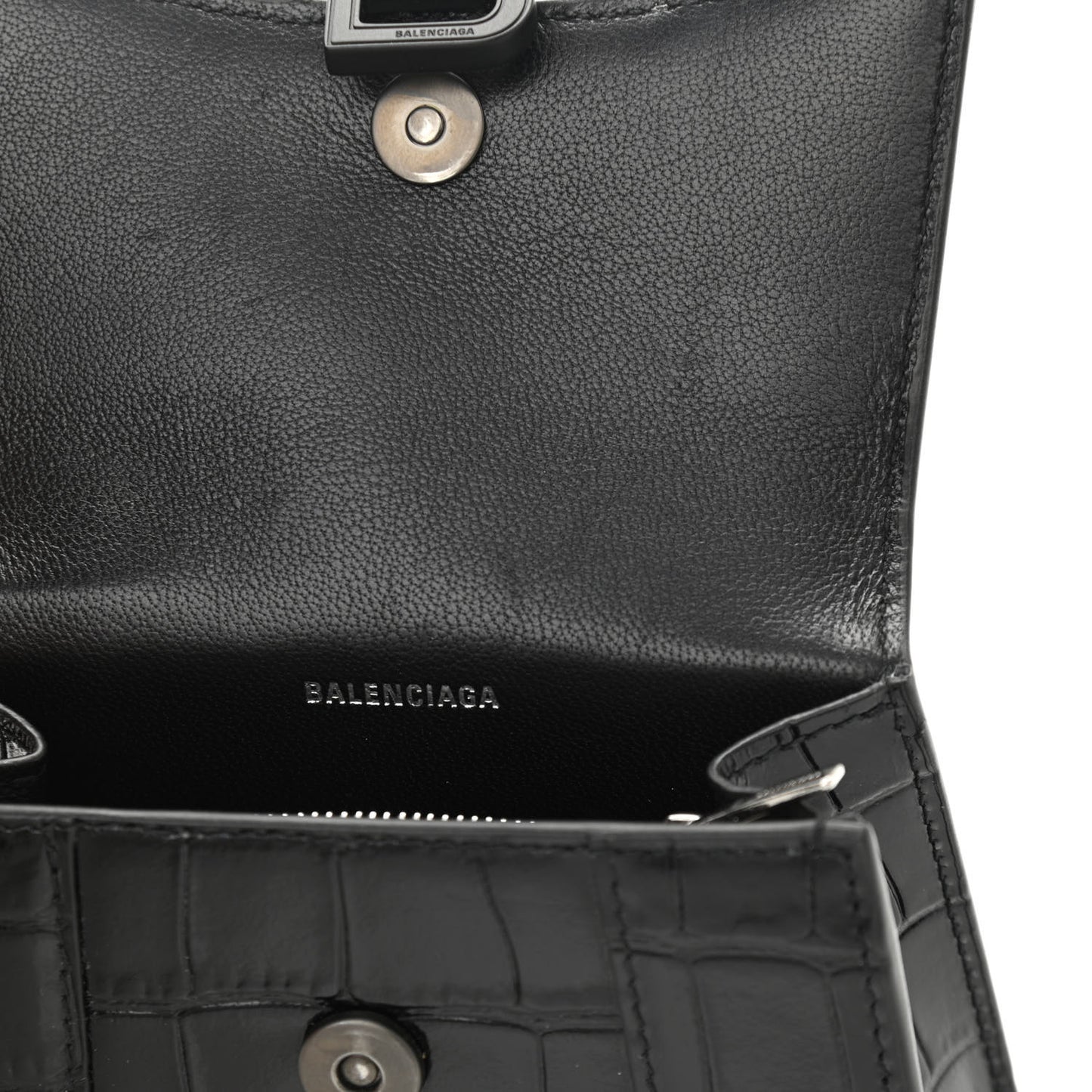 Shiny Calfskin Monochrome Crocodile Embossed Hourglass Chain Cardholder Black