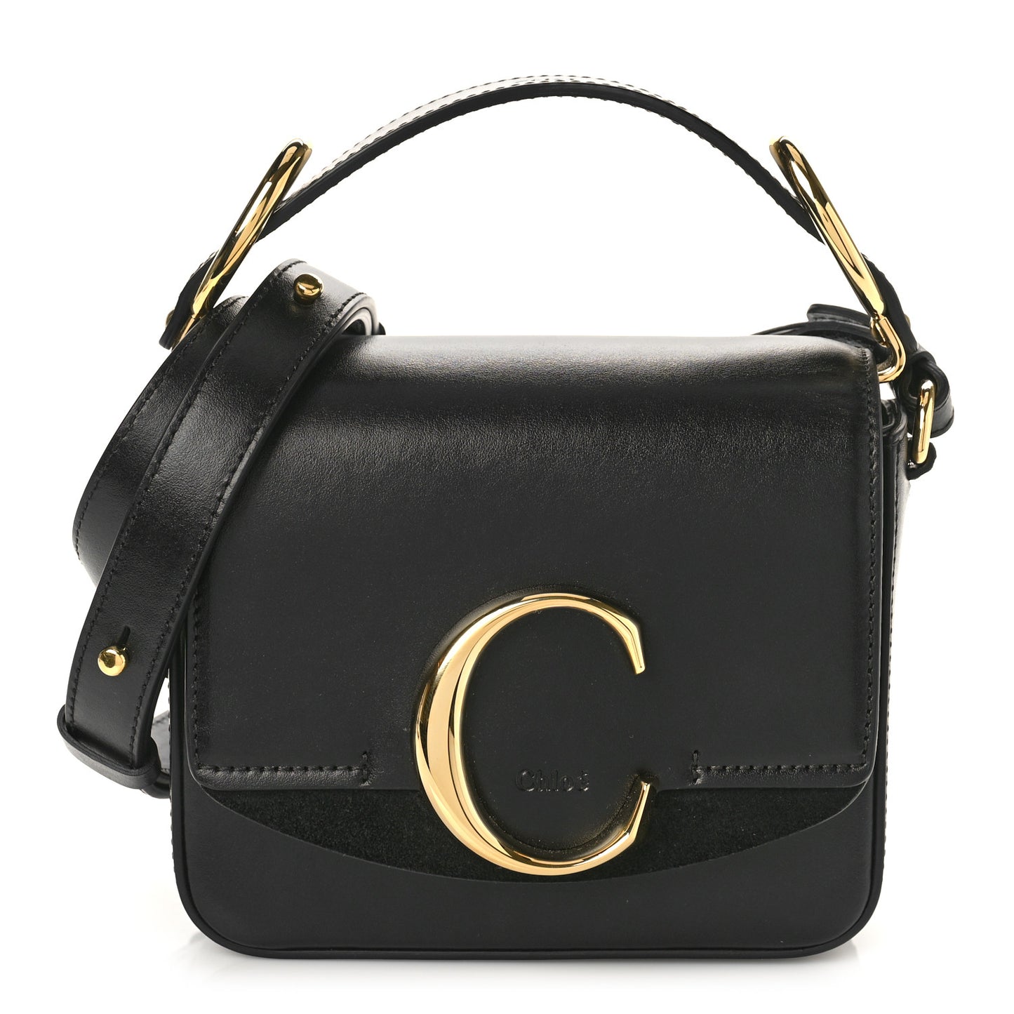 Shiny Calfskin Suede Mini C Double Carry Black