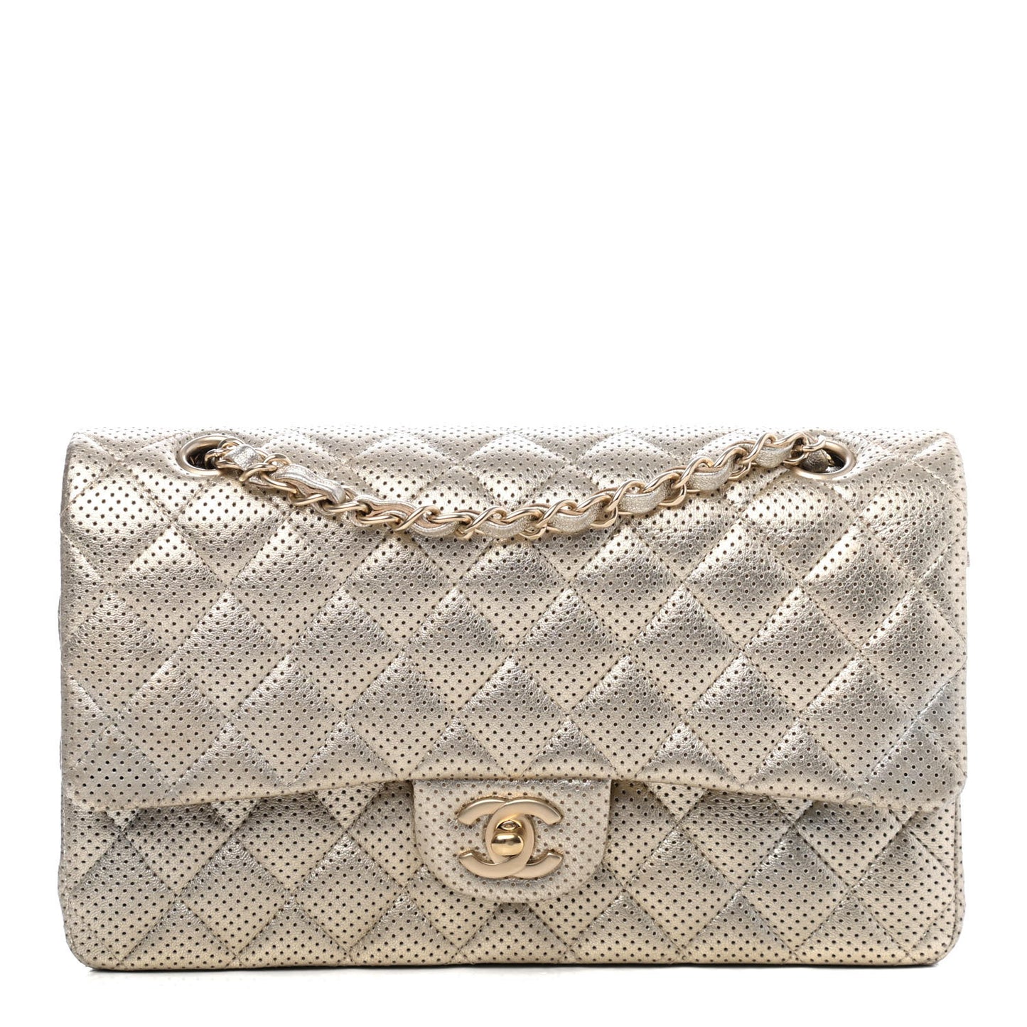 Metallic Lambskin Perforated Medium Double Flap Gold