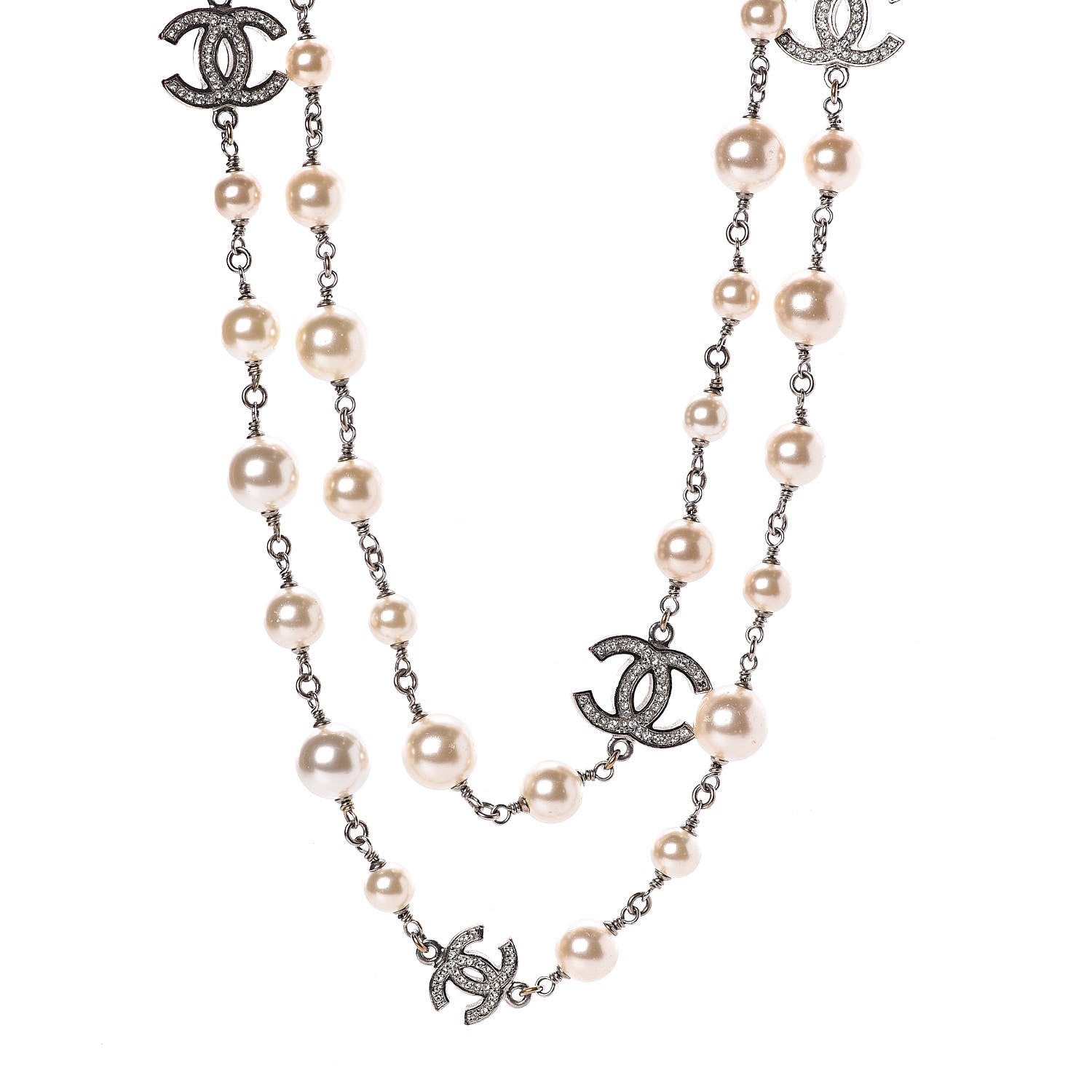 Chanel Graduated Pearl Crystal CC Long Necklace Silver 1 of 9