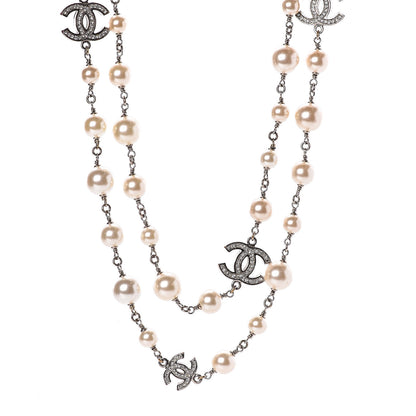 Chanel Graduated Pearl Crystal CC Long Necklace Silver 1 of 9