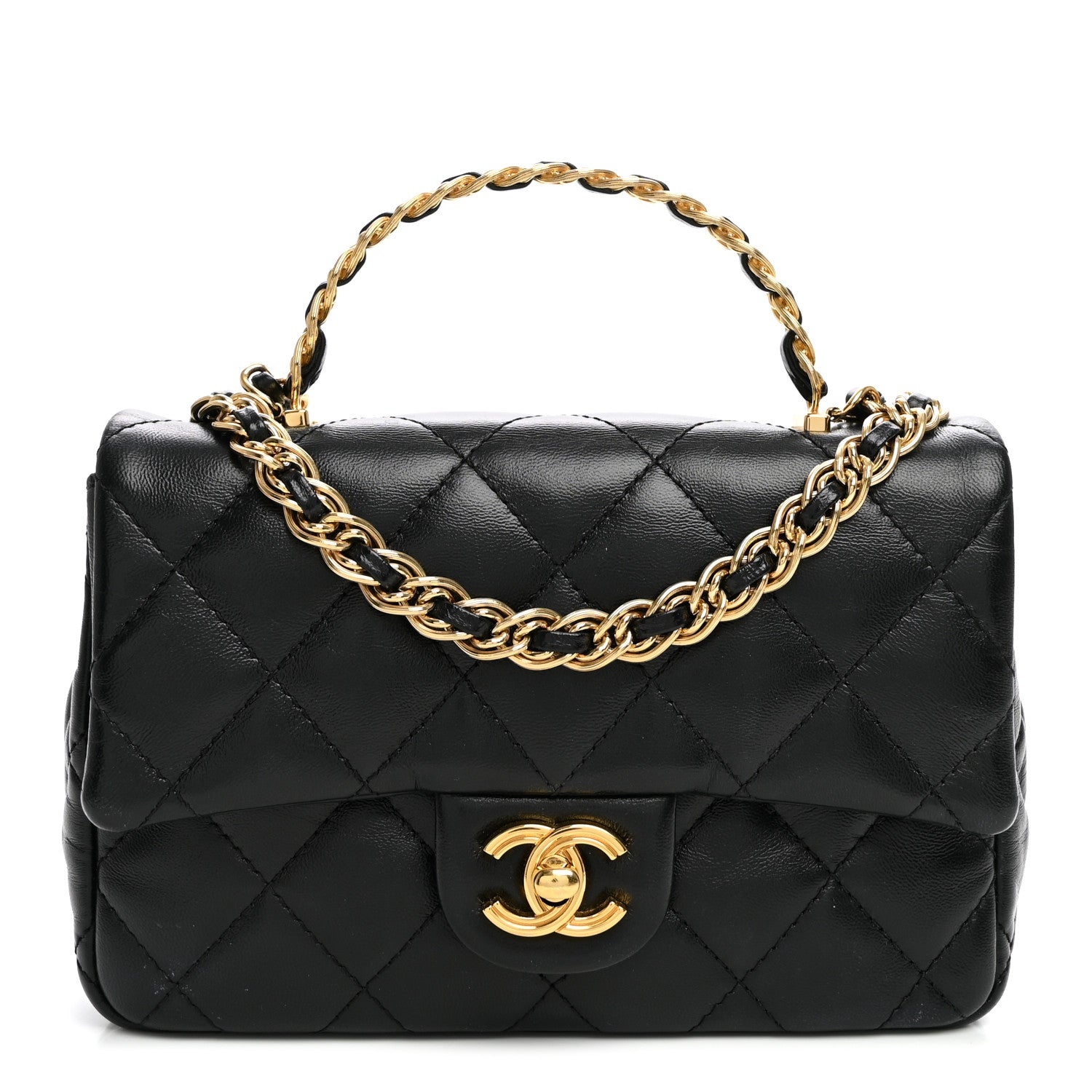 Chanel Shiny Lambskin Quilted Golden Links Top Handle Flap Black 1 of 10