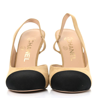 Chanel Kid Suede Grosgrain Cap Toe Pearl Slingback Sandals 35 Beige Black 2 of 11