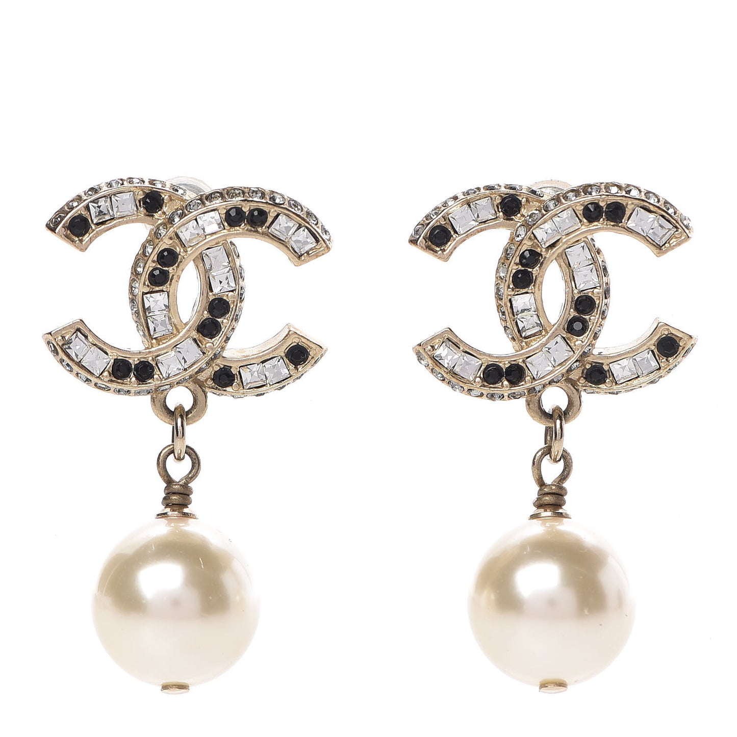Pearl Crystal CC Drop Earrings Gold Black