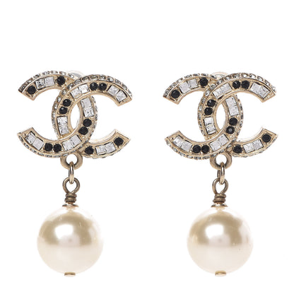Chanel Pearl Crystal CC Drop Earrings Gold Black 1 of 4