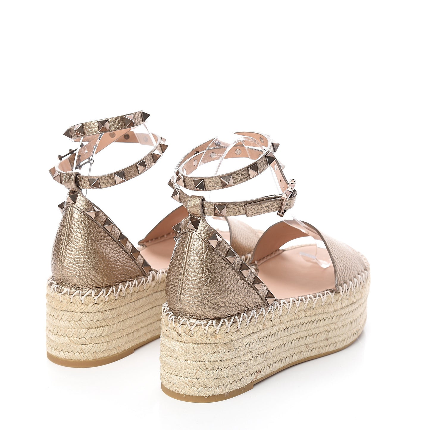 Metallic Grained Calfskin Rockstud Ankle Wrap Espadrille Flatform Sandals 36 Skin Natural