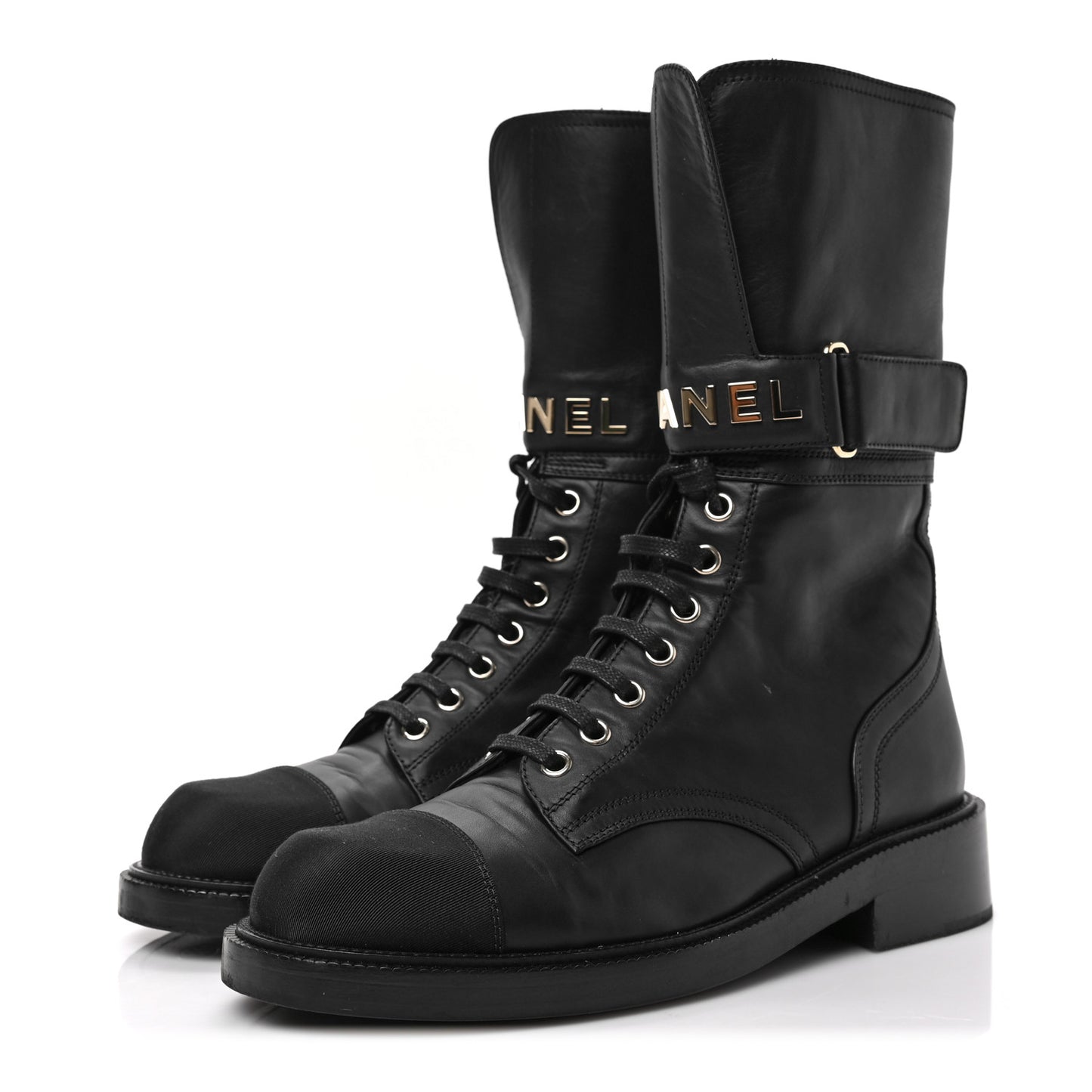 Shiny Calfskin Lace Up Combat Boots 38.5 Black