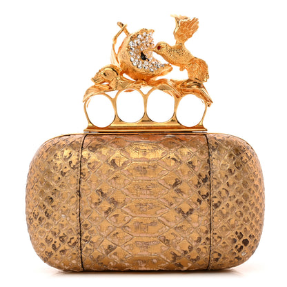 Alexander McQueen Metallic Marbled Snakeskin Crystal Apple Hummingbird Knuckle Duster Box Clutch Gold 1 of 10