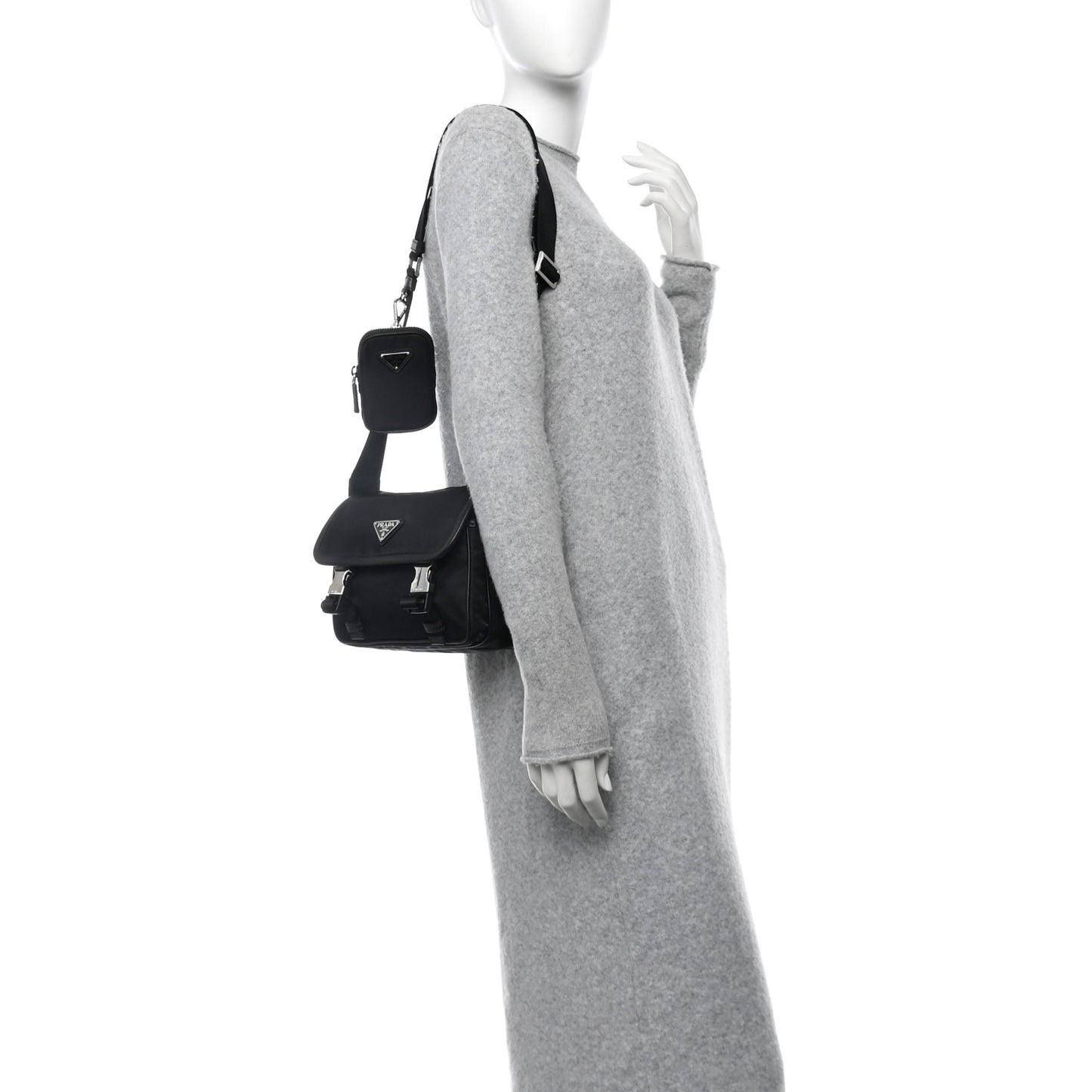 Re-Nylon Saffiano Pocket Double Snap Buckle Shoulder Bag Black