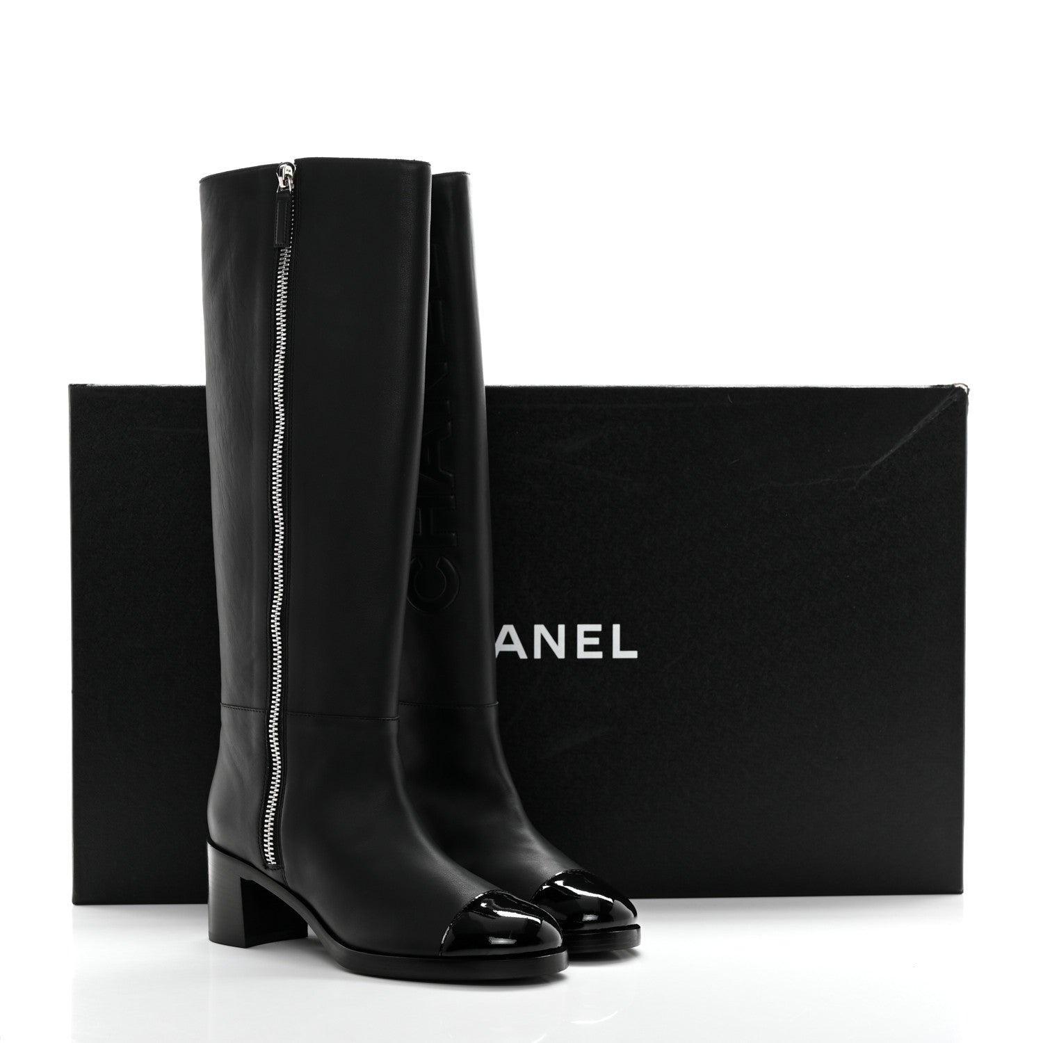 Chanel Calfskin Patent Cap Toe Quilted Logo Knee High Boots 38.5 Black 9 of 9