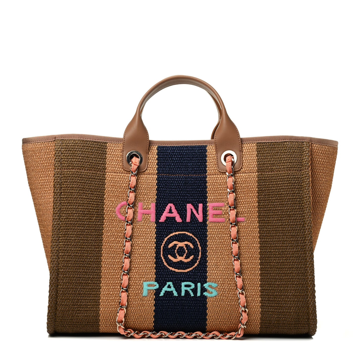 Straw Raffia Calfskin Striped Medium Deauville Tote Khaki Beige Navy Blue