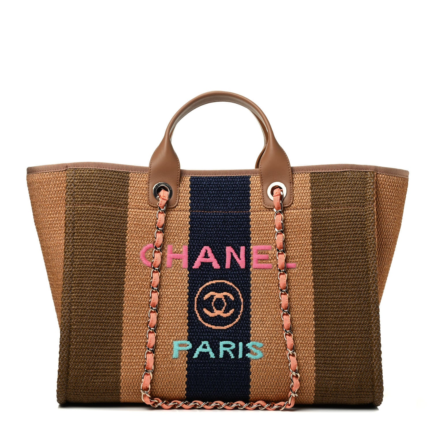 Chanel Straw Raffia Calfskin Striped Medium Deauville Tote Khaki Beige Navy Blue 1 of 10