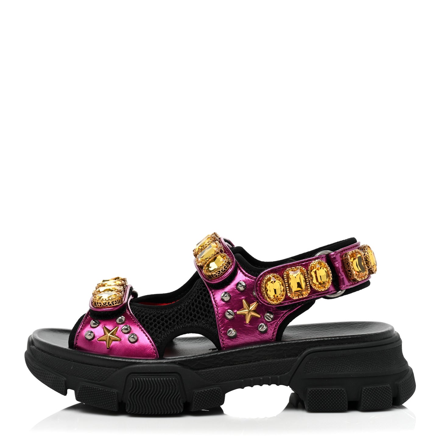 Nappa Mesh Crystal Embellished Studded Womens Aguru Sandals 36.5 Pink Black
