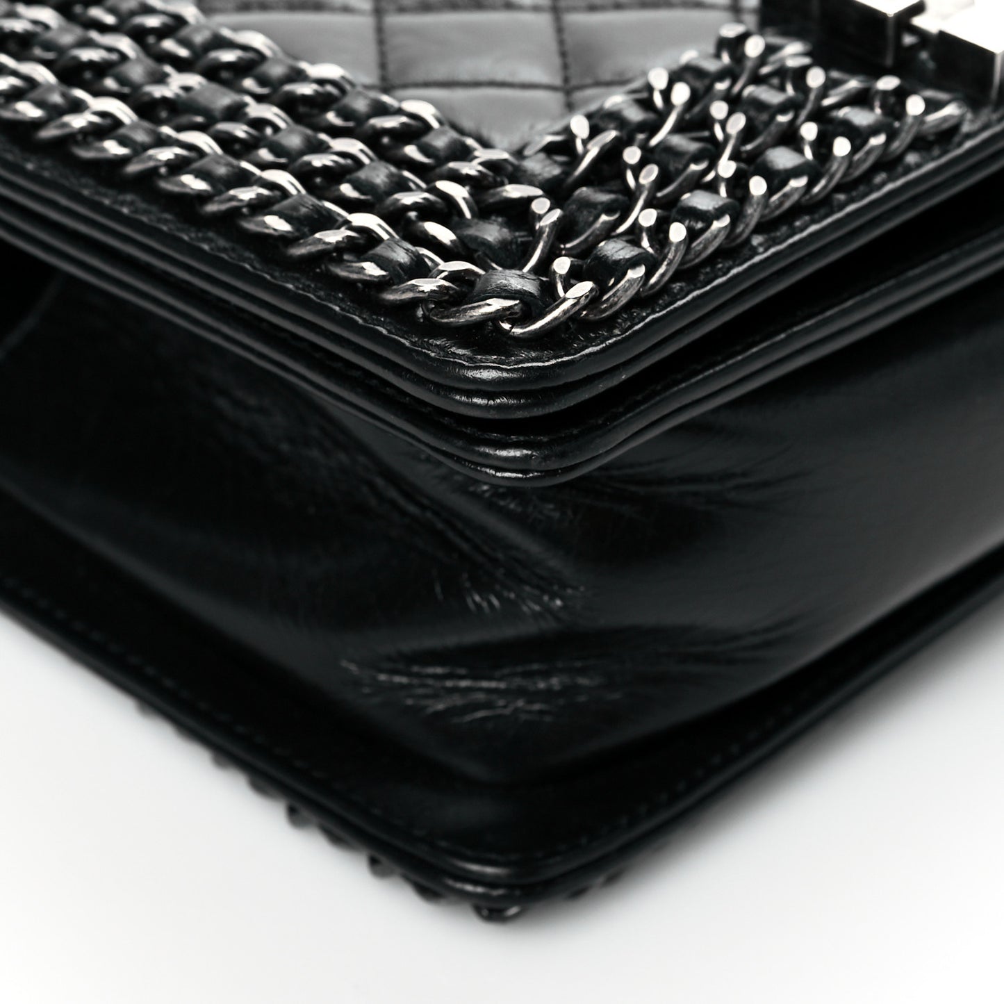Glazed Calfskin Quilted Small Boy Chained Flap Black