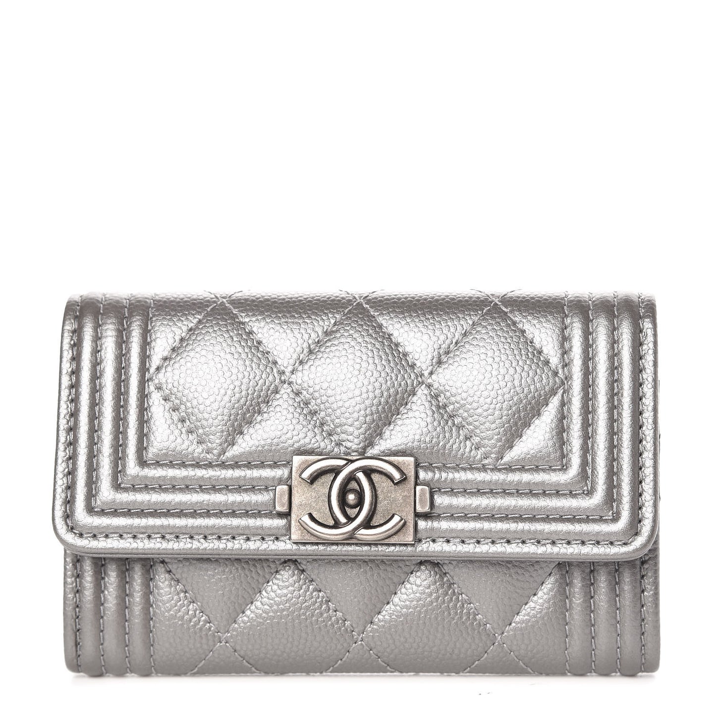 Metallic Caviar Quilted Boy Card Holder Wallet Silver