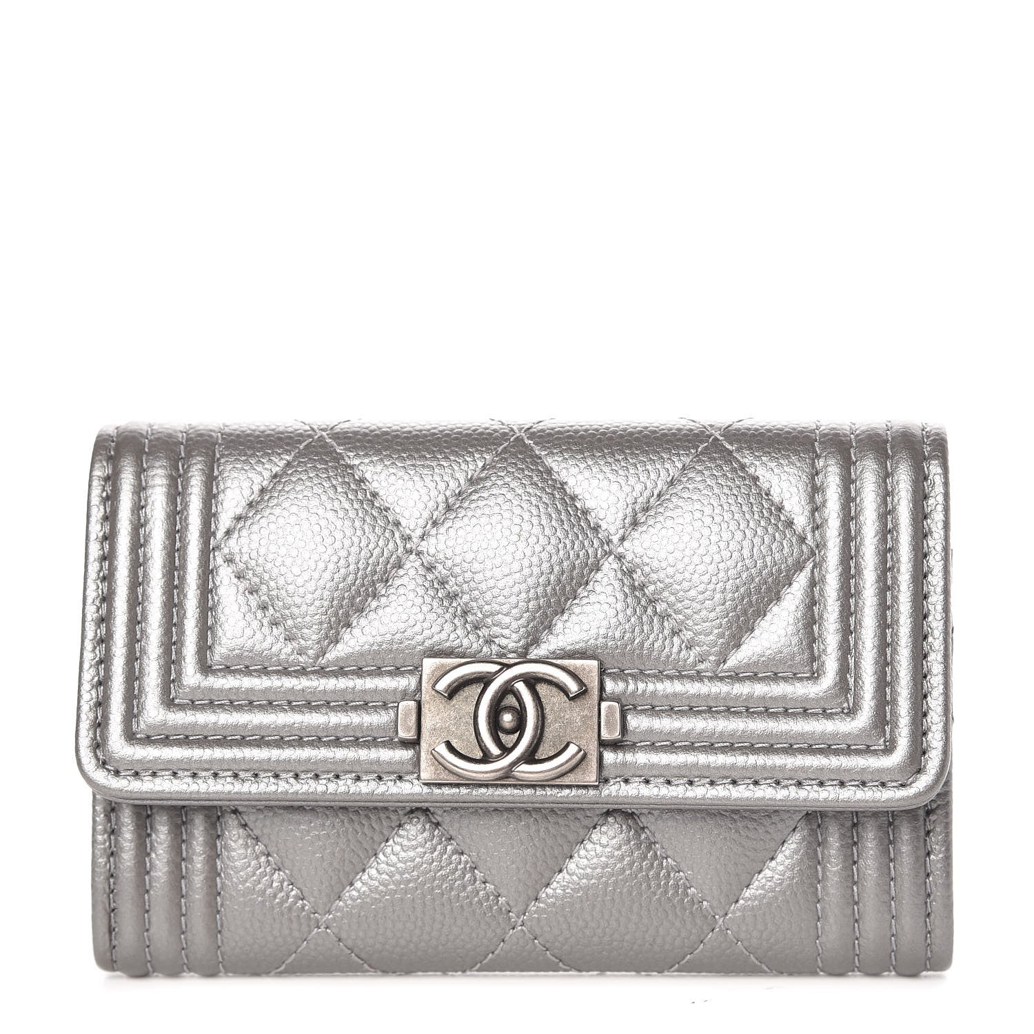 Chanel Metallic Caviar Quilted Boy Card Holder Wallet Silver 1 of 9