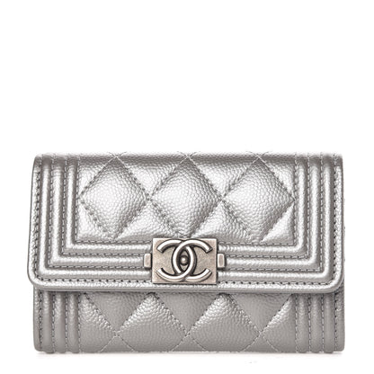 Chanel Metallic Caviar Quilted Boy Card Holder Wallet Silver 1 of 9