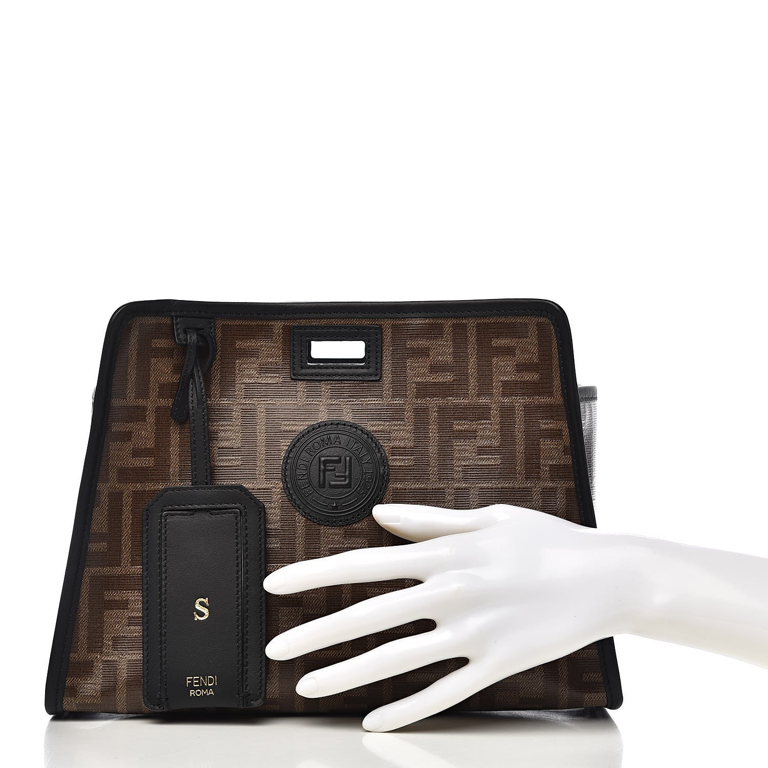 Fendi Glazed Fabric Vitello Century FF 1974 Stamp Patch Mini Peekaboo Defender Cover Mogano Panna Black 2 of 8