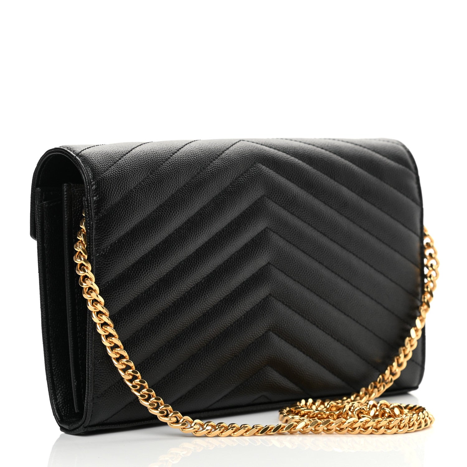 Saint Laurent Grain De Poudre Matelasse Chevron Monogram Chain Wallet Black 3 of 10