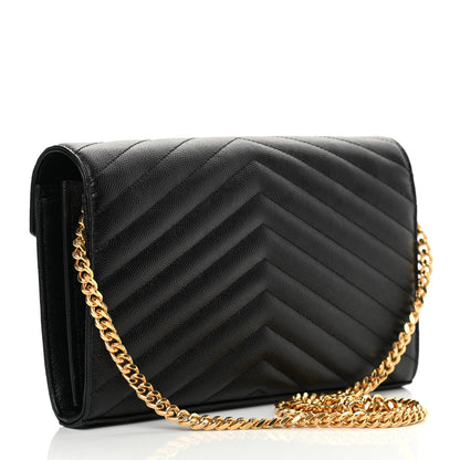 Saint Laurent Grain De Poudre Matelasse Chevron Monogram Chain Wallet Black 3 of 10