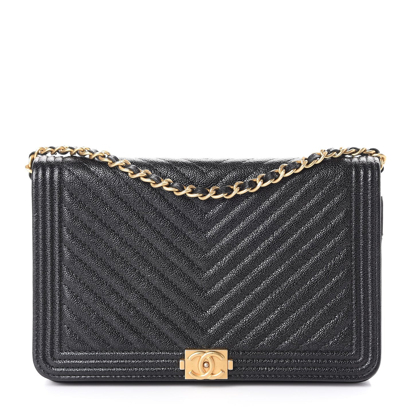 Caviar Chevron Quilted Boy Wallet On Chain WOC Black