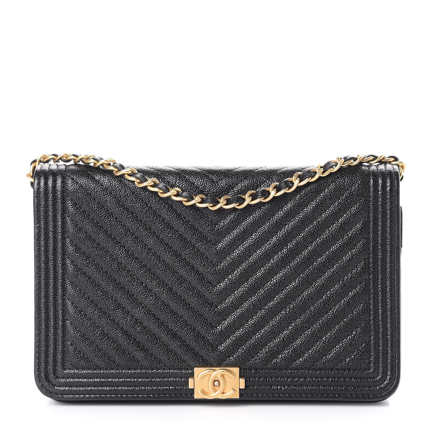 Chanel Caviar Chevron Quilted Boy Wallet On Chain WOC Black 1 of 12