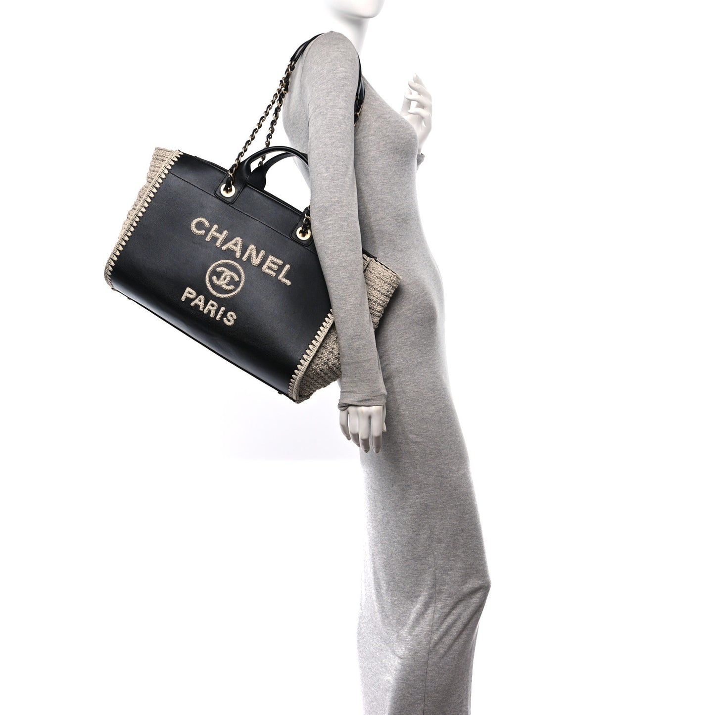 Calfskin Knit Medium Deauville Tote Black Beige