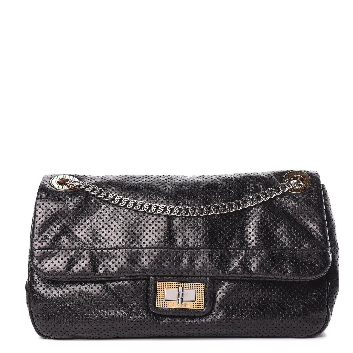 Metallic Crackled Calfskin Large Perforated Drill Flap Black
