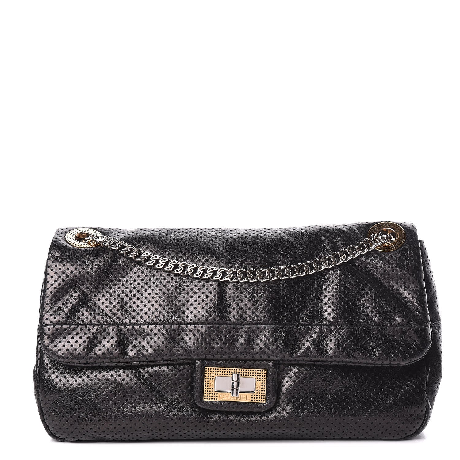 Chanel Metallic Crackled Calfskin Large Perforated Drill Flap Black 1 of 14