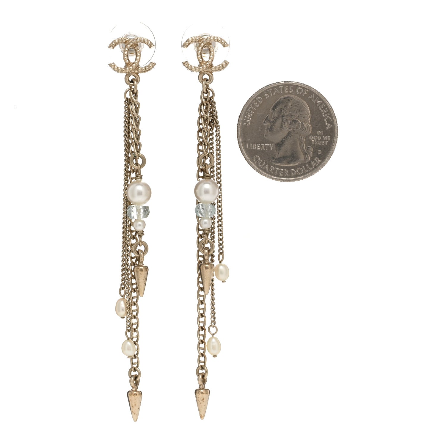 Chanel Chain Pearl CC Drop Earrings Light Gold 2 of 5