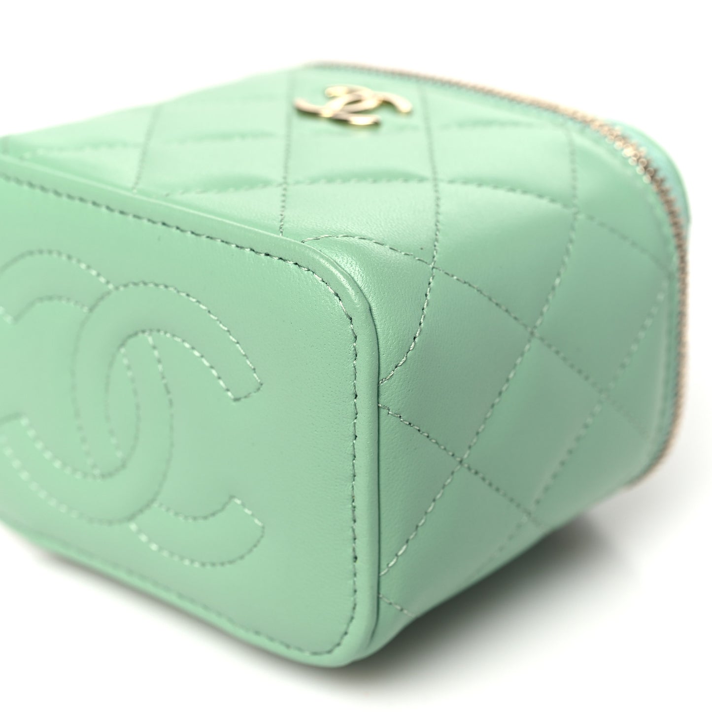 Lambskin Quilted Top Handle Mini Vanity Case With Chain Green
