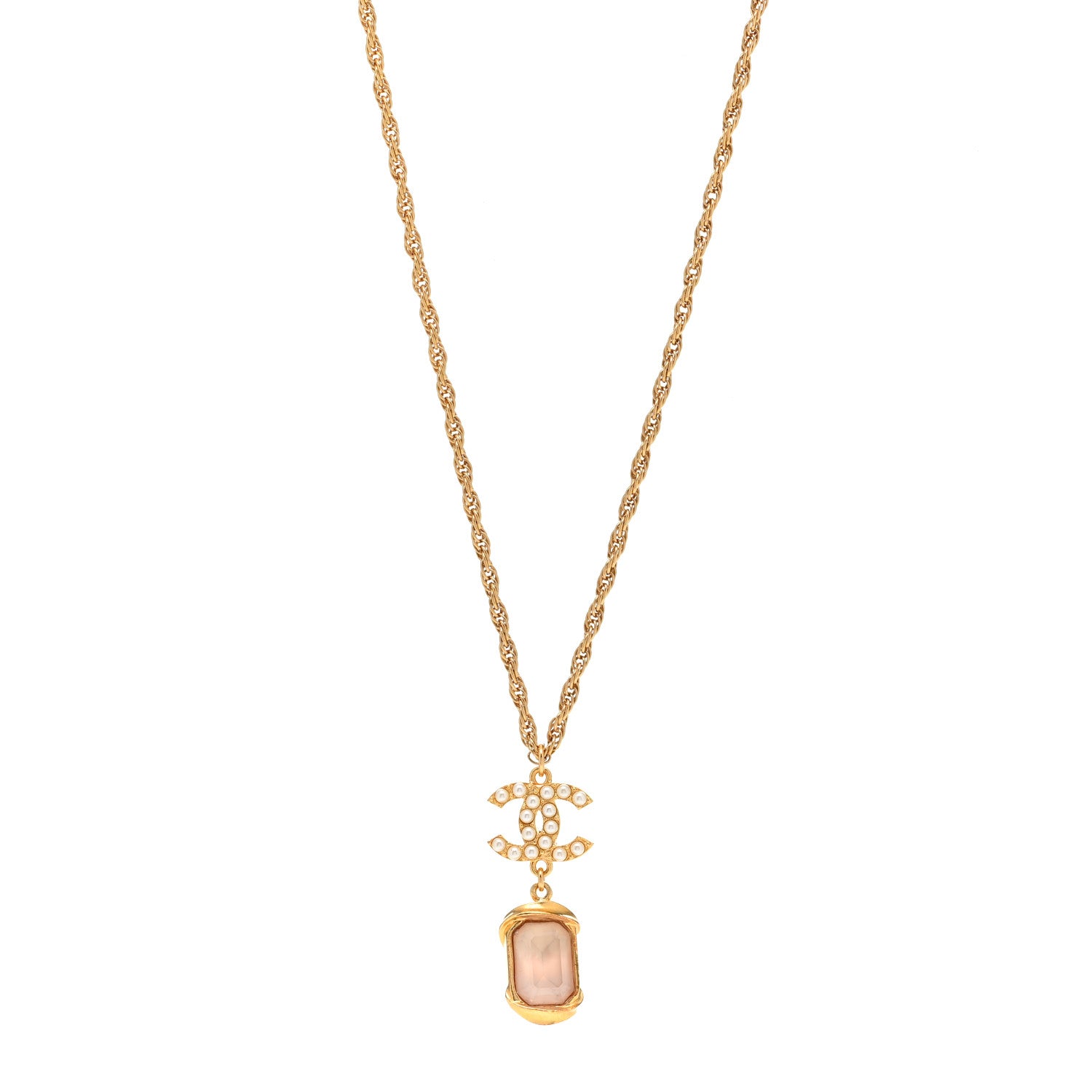Chanel Pearl Crystal CC Pendant Necklace Gold Pink Pearly White 1 of 5