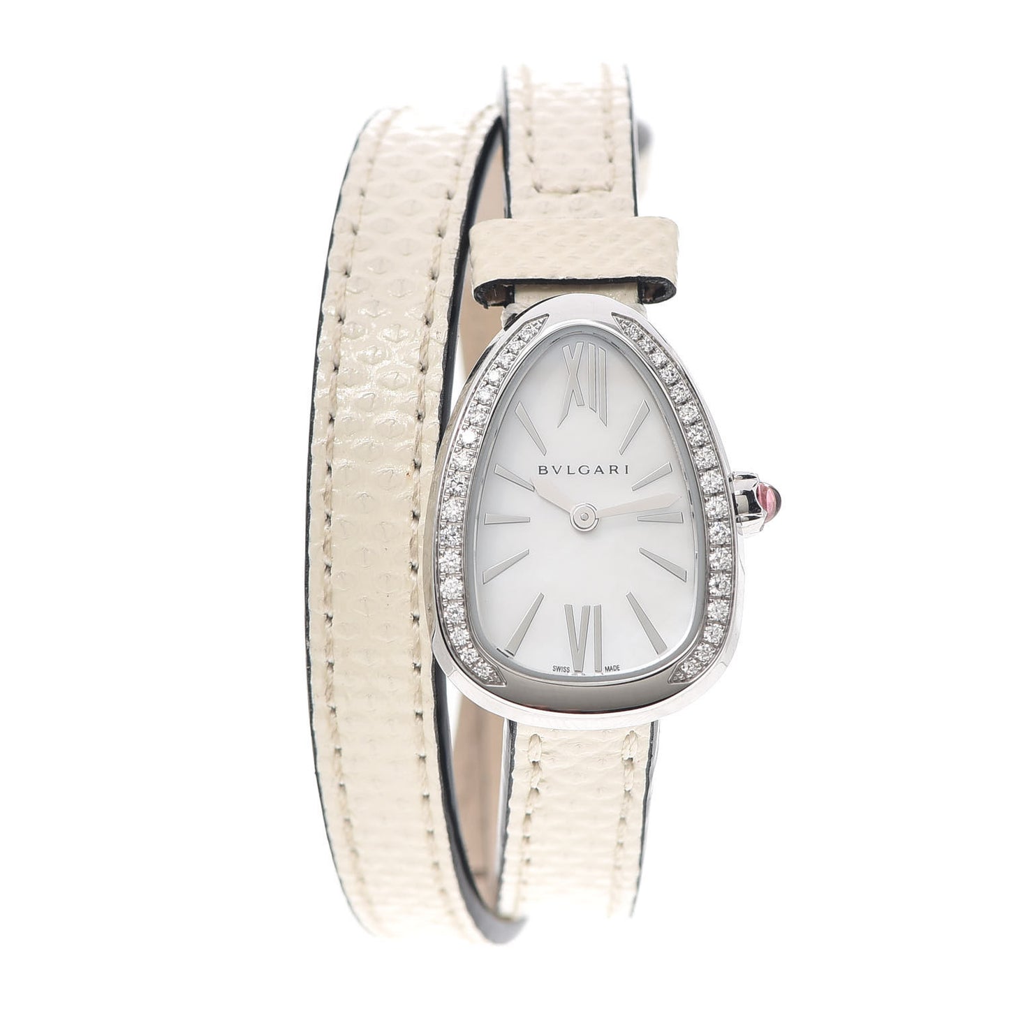 Stainless Steel Lizard Diamond Bezel Mother of Pearl 27mm Serpenti Double Wrap Quartz Watch