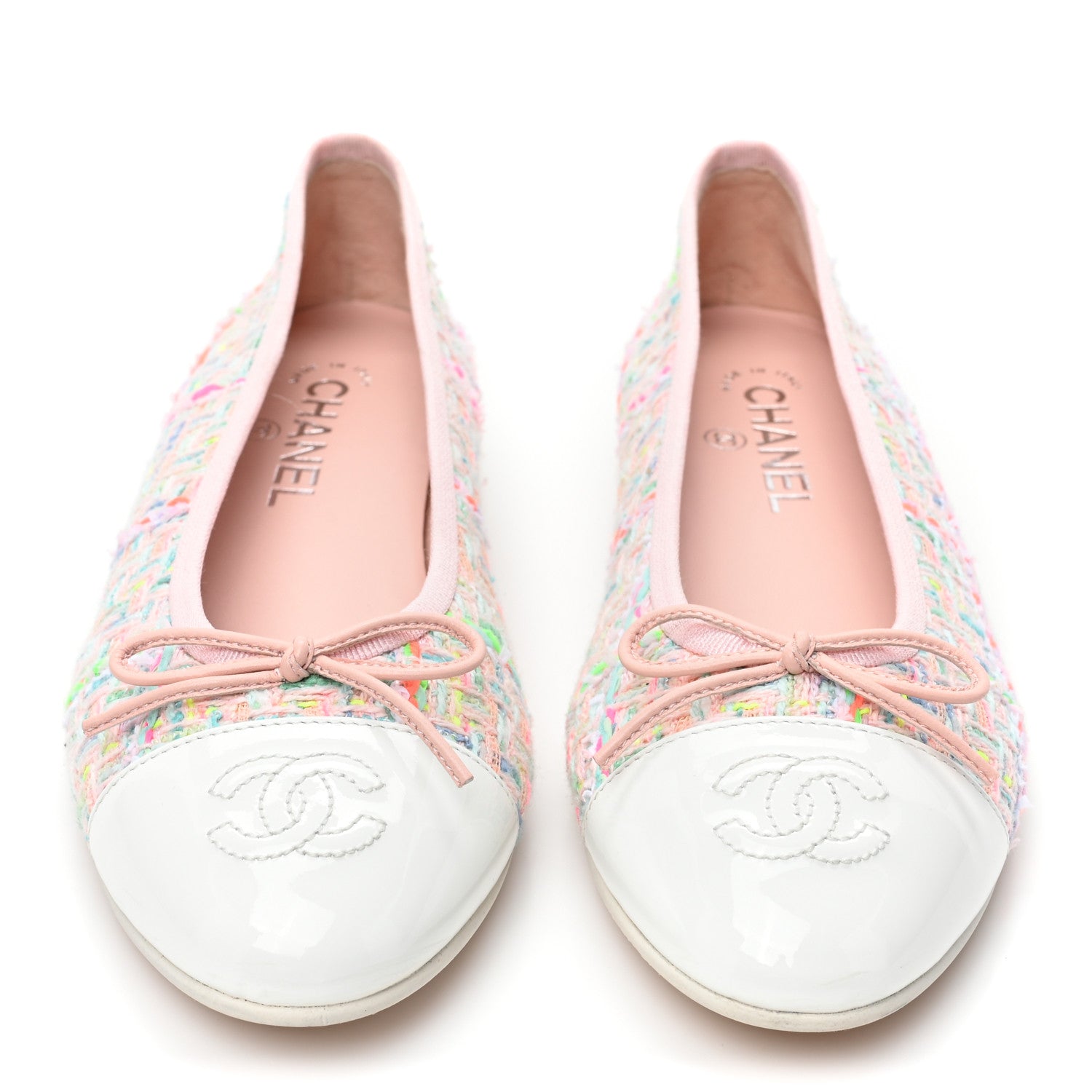 Chanel Tweed Patent Cap Toe Ballerina Flats 38 Pink White 2 of 10