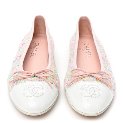 Chanel Tweed Patent Cap Toe Ballerina Flats 38 Pink White 2 of 10