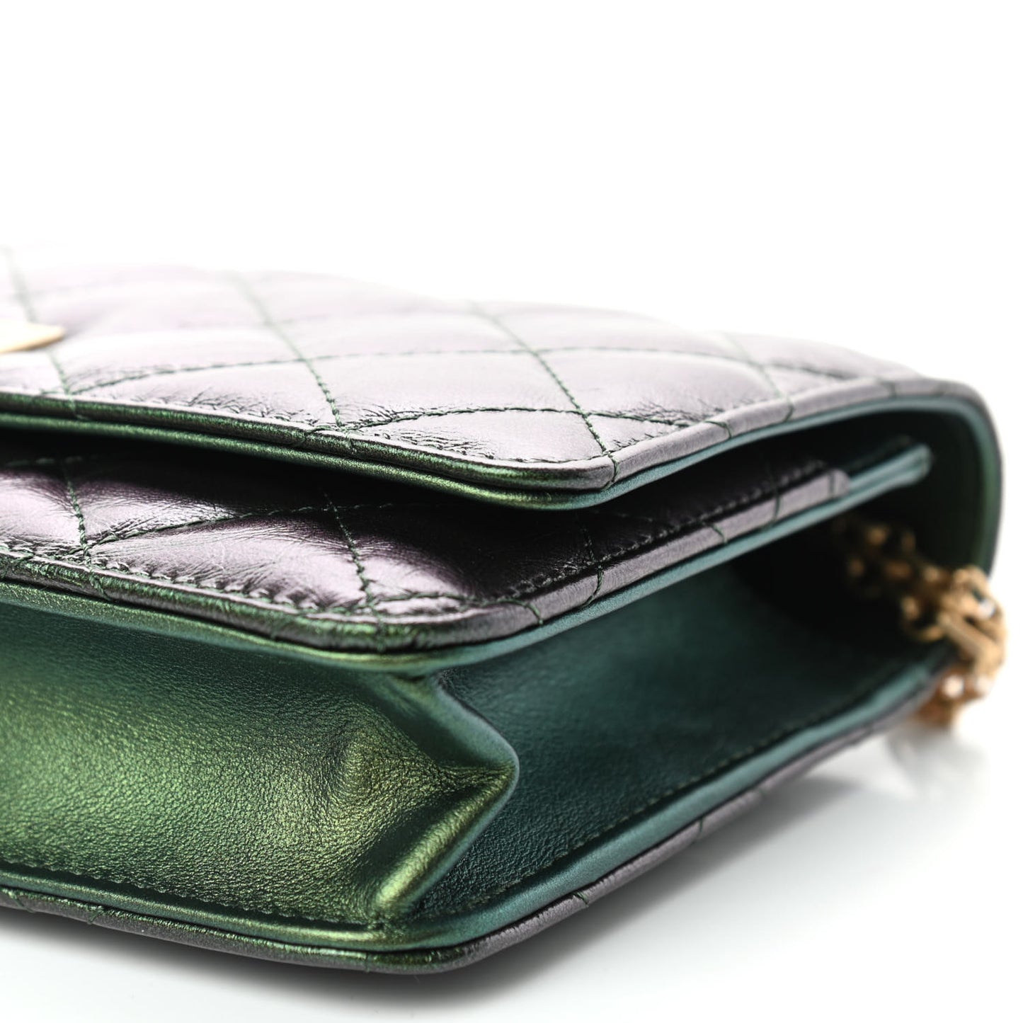 Metallic Aged Calfskin Quilted 2.55 Reissue Wallet on Chain WOC Green