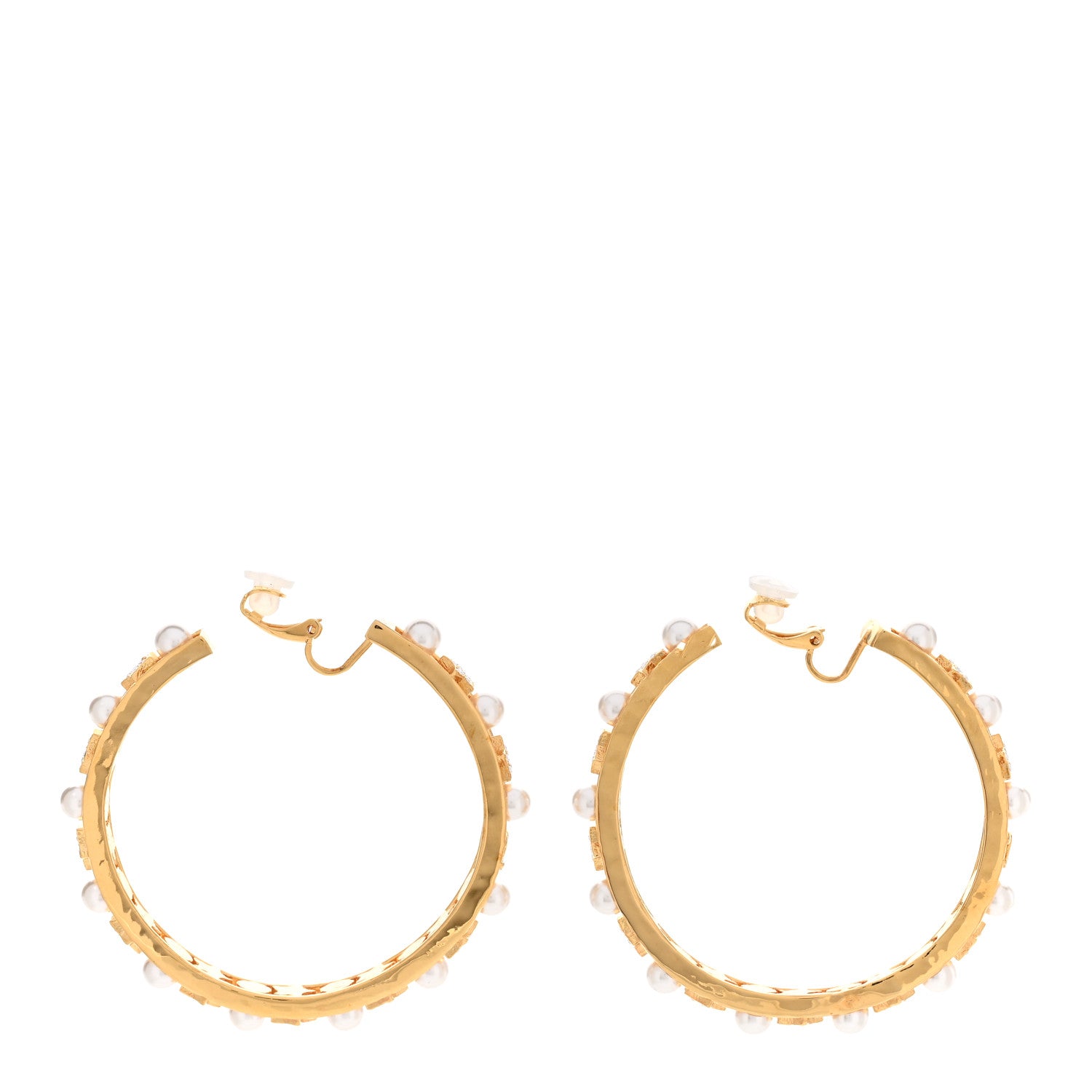 Chanel Crystal Pearl CC Hoop Earrings Gold Pearly White 3 of 5