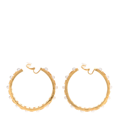 Chanel Crystal Pearl CC Hoop Earrings Gold Pearly White 3 of 5