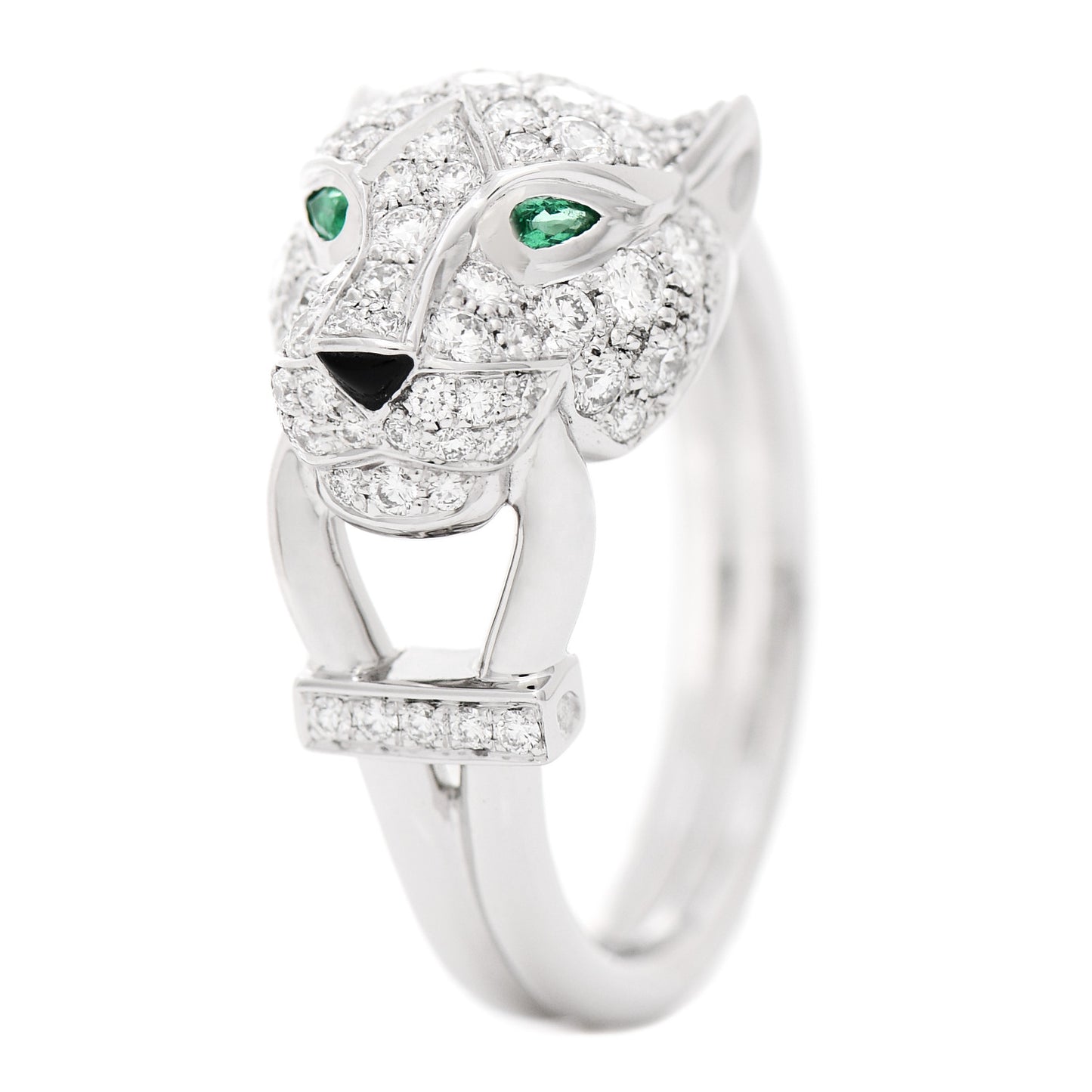 18K White Gold Diamond Emerald Black Onyx Panthere de Cartier Ring 53 6.25